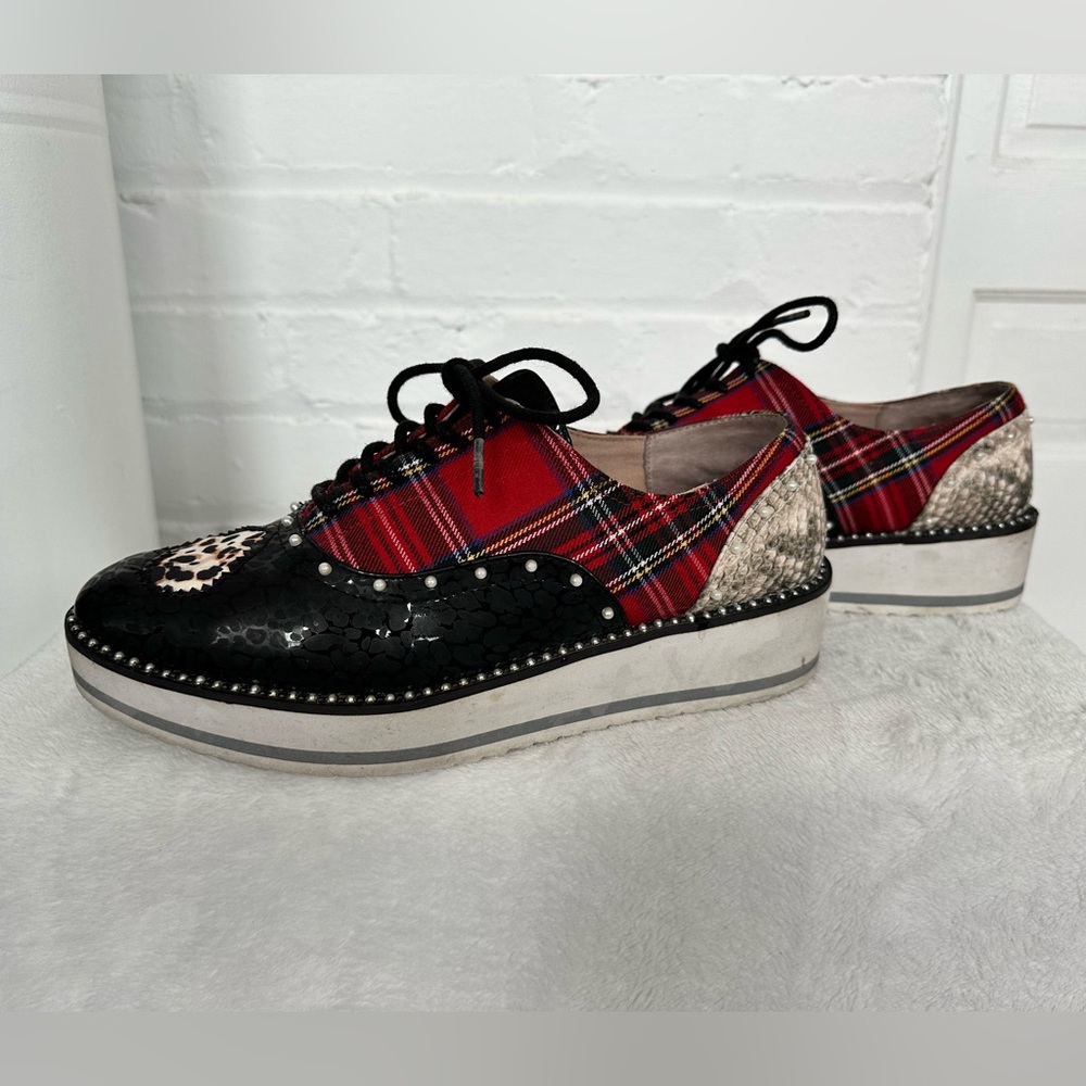 Betsey Johnson Red Plaid Lace Up Flats with Black and Leopard Accents